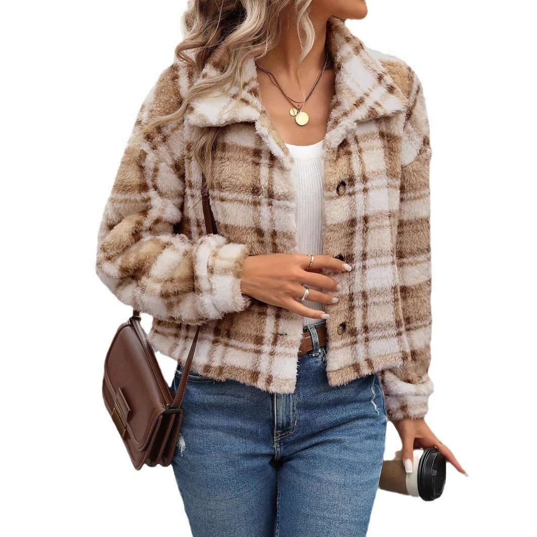 Double-sided plush plaid cardigan