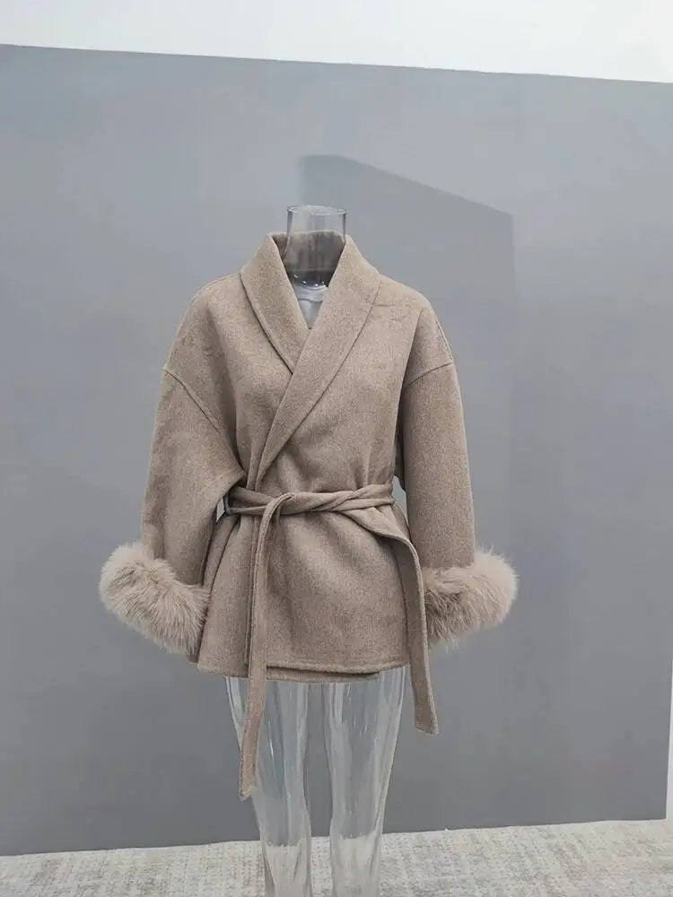 LONG SLEEVE COAT WITH FOX FUR