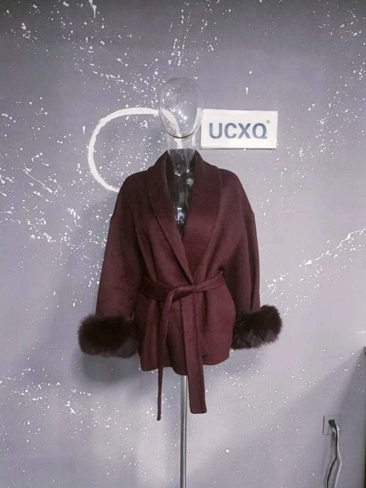 LONG SLEEVE COAT WITH FOX FUR