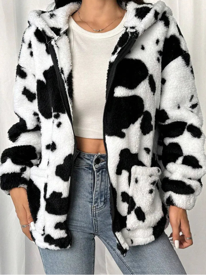 LONG SLEEVE ZIPPER COAT - COW PRINT