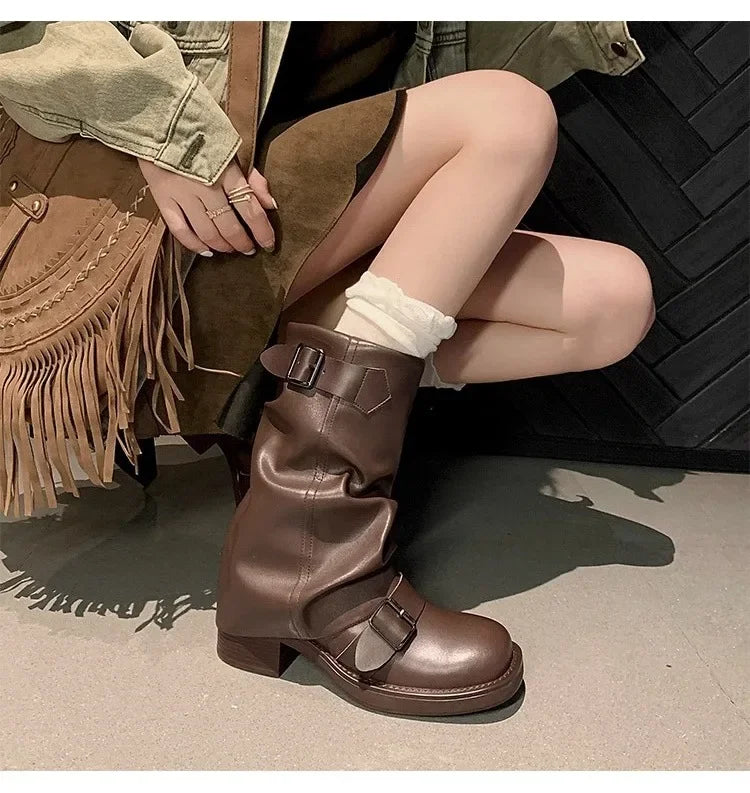 PLEATED BUCKLE LEATHER BOOTS