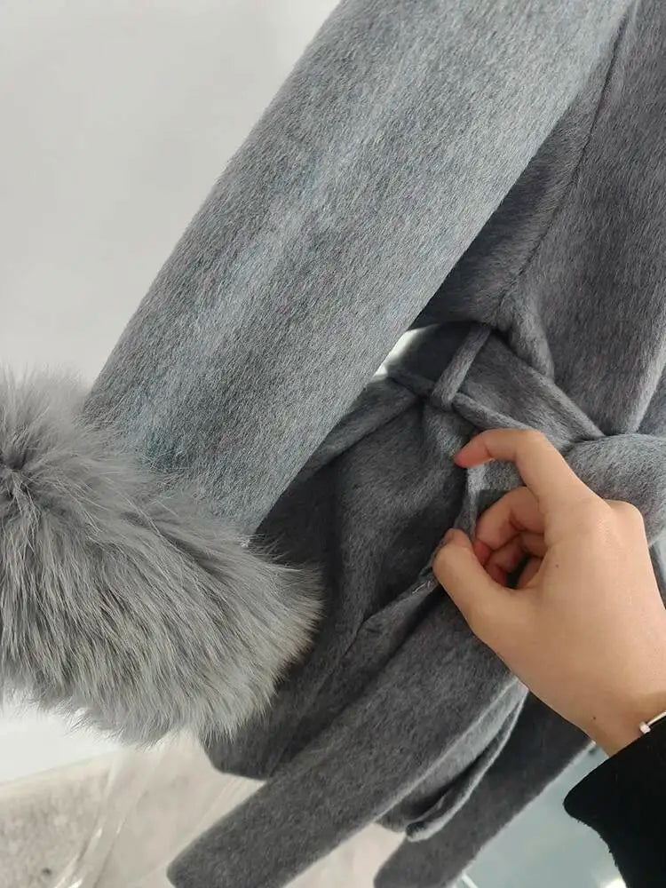 LONG SLEEVE COAT WITH FOX FUR