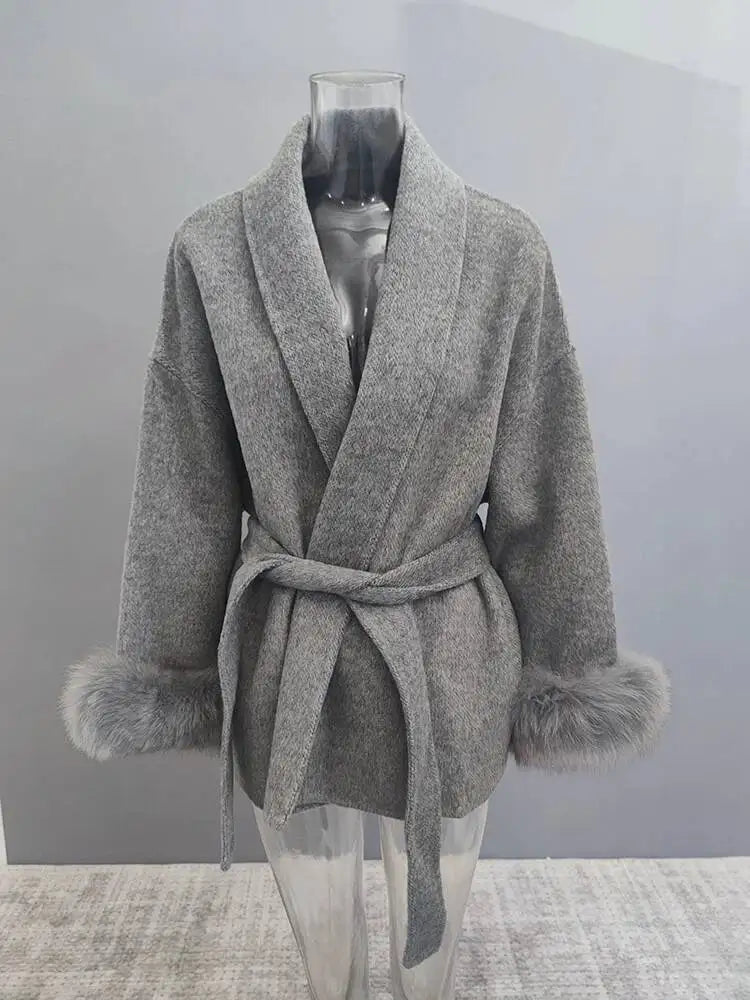 LONG SLEEVE COAT WITH FOX FUR