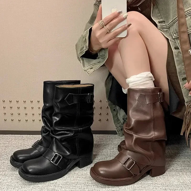 PLEATED BUCKLE LEATHER BOOTS