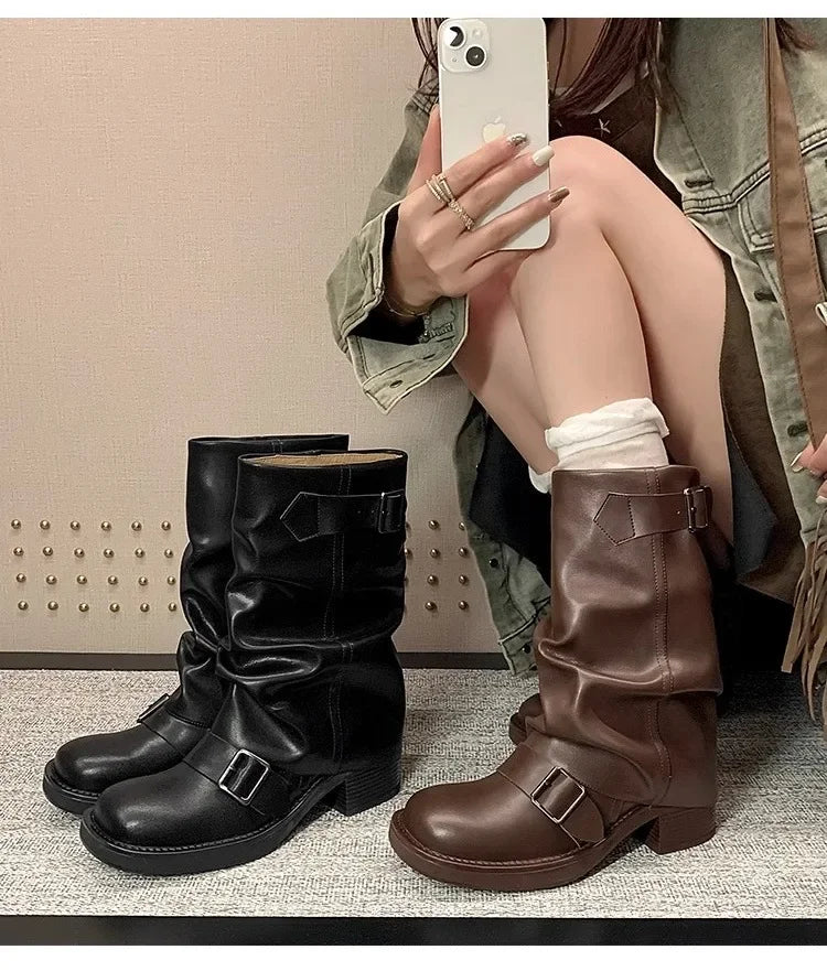PLEATED BUCKLE LEATHER BOOTS