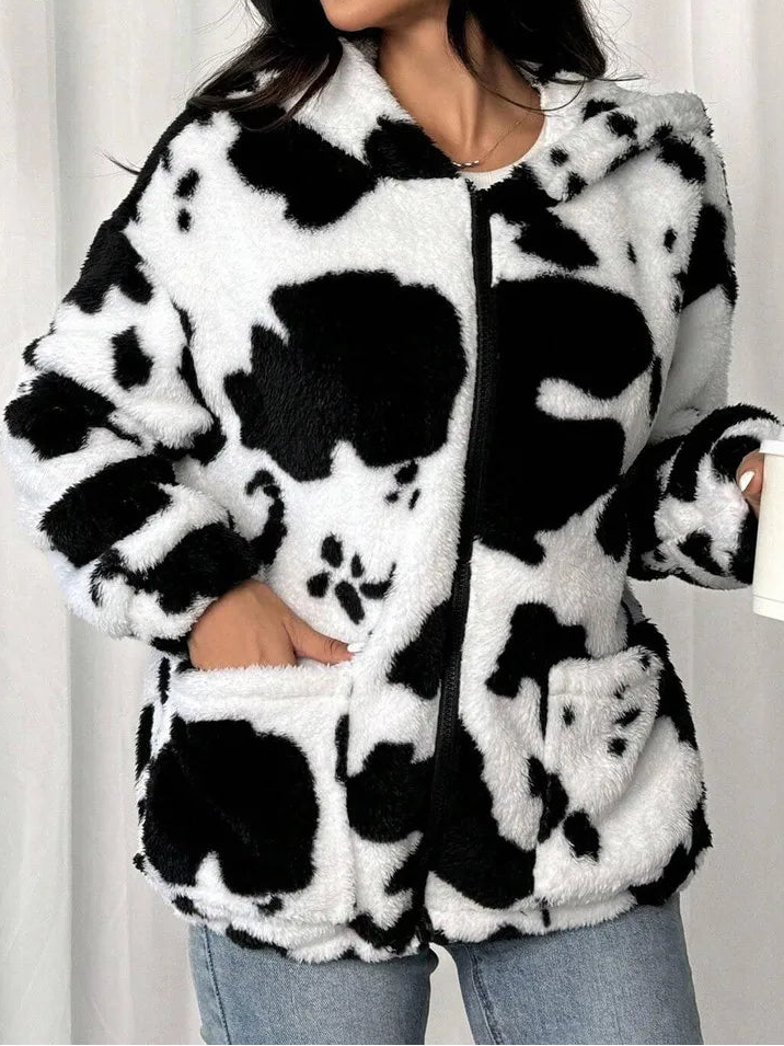 LONG SLEEVE ZIPPER COAT - COW PRINT