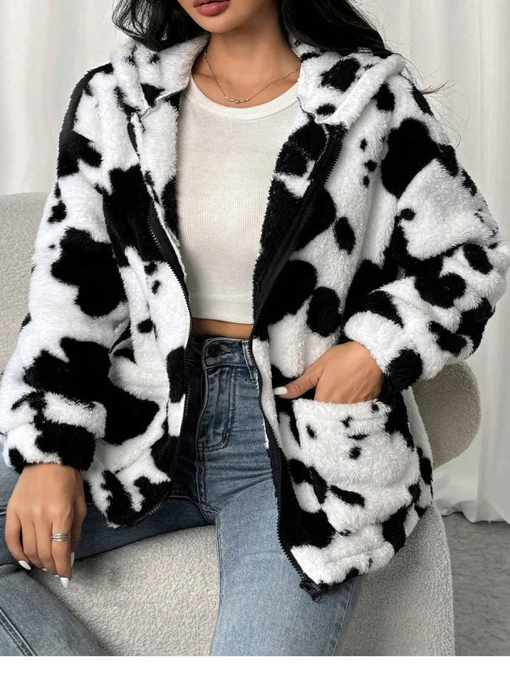 LONG SLEEVE ZIPPER COAT - COW PRINT