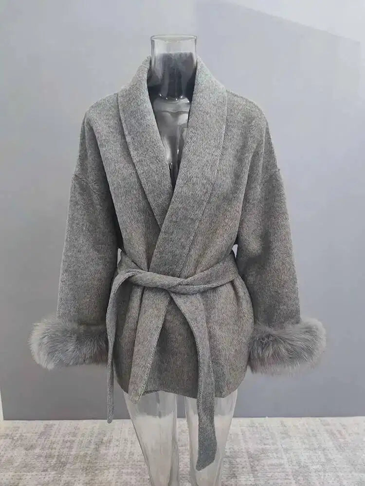 LONG SLEEVE COAT WITH FOX FUR