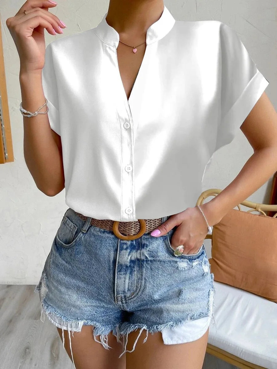 V-neck button-down shirt