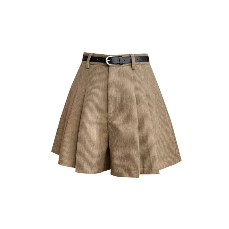 PLEATED KHAKI CORDUROY SHORTS