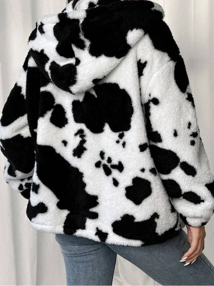 LONG SLEEVE ZIPPER COAT - COW PRINT