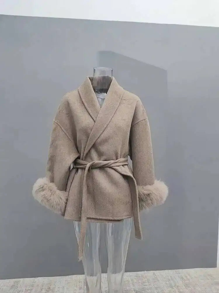 LONG SLEEVE COAT WITH FOX FUR