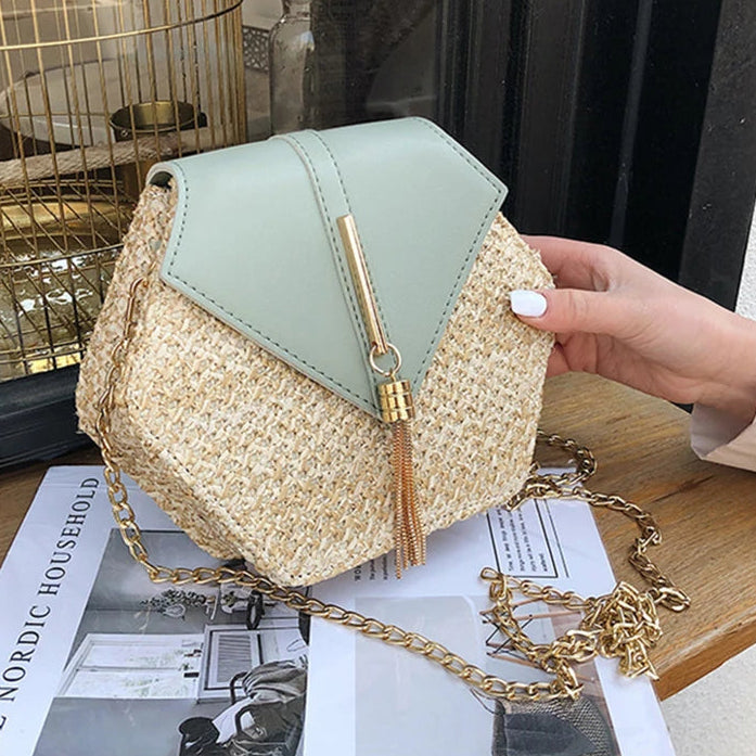 Bolsa hexagonal - Palha e couro