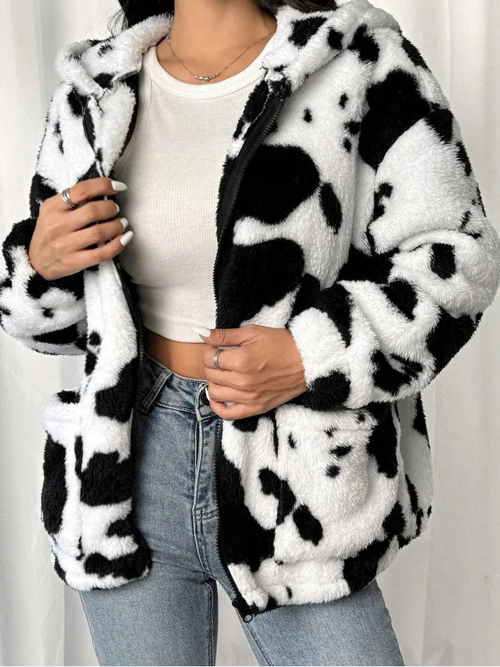 LONG SLEEVE ZIPPER COAT - COW PRINT