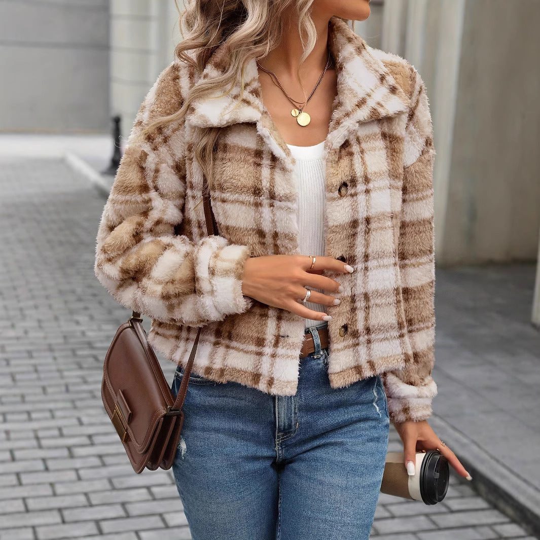 Double-sided plush plaid cardigan