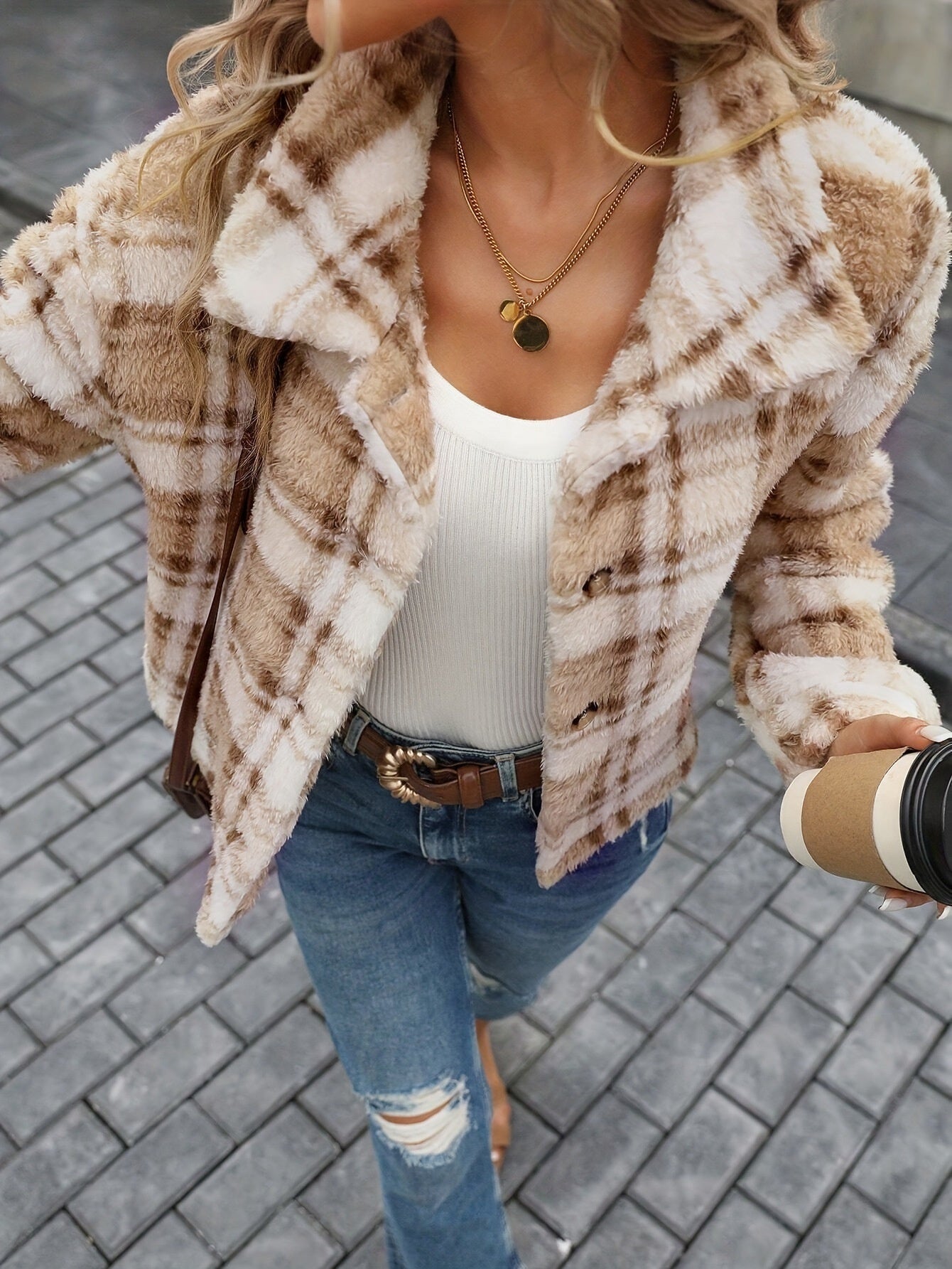 Double-sided plush plaid cardigan