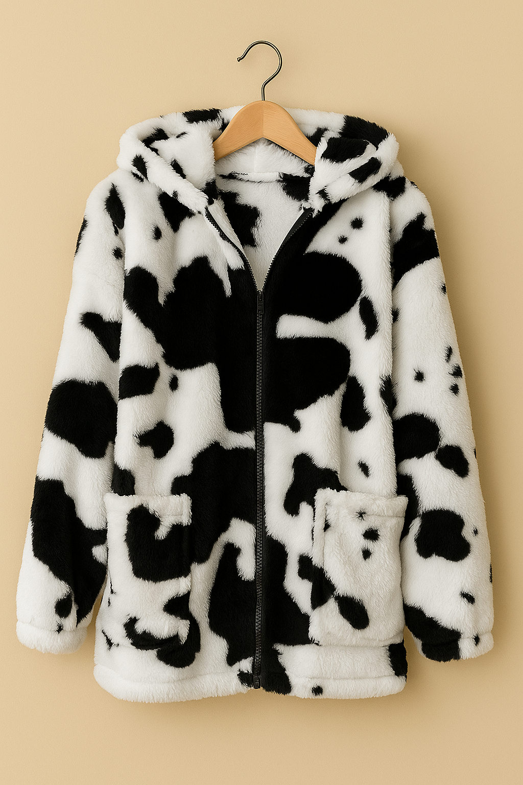 LONG SLEEVE ZIPPER COAT - COW PRINT